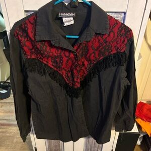 Uggam Women's Black and Red Lace Fringe Top